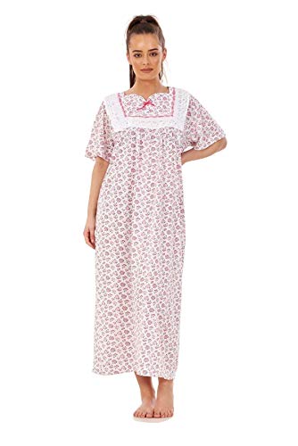 Apparel Women Nightwear Floral Print 100% Cotton Short Sleeve Long Nightdress M to XXXL Pink