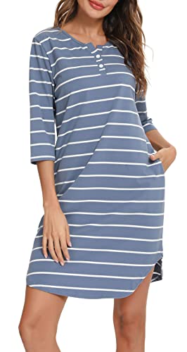Vlazom Women’s Nightdresses Soft Cotton Nightshirt Stripe 3/4 Sleeve Sleep Dress Sleepwear with Pockets Sky Blue,L