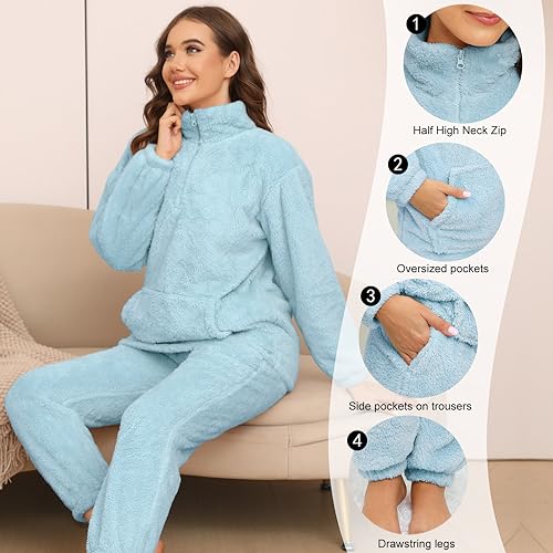 TOMEEK Womens Pyjamas Sets with Pocket Warm Cosy Soft Fleece Pyjamas 2 Piece Nightwear Loungewear Girls Pjs Sets Fluffy Fleece Sleepwear Pyjamas for Ladies,Blue,Size XL
