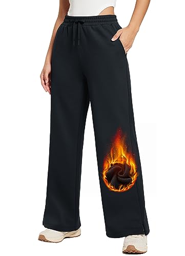 BALEAF Women's Fleece Lined Yoga Sweatpants Wide Leg Joggers Comfy Baggy Pants with Pockets Black M