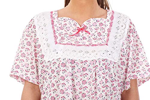 Apparel Women Nightwear Floral Print 100% Cotton Short Sleeve Long Nightdress M to XXXL Pink