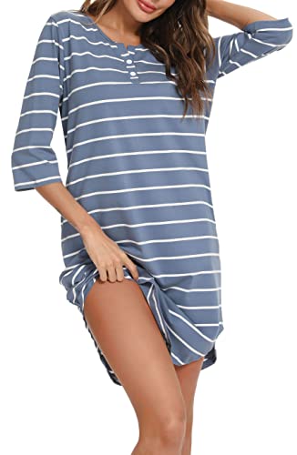 Vlazom Women’s Nightdresses Soft Cotton Nightshirt Stripe 3/4 Sleeve Sleep Dress Sleepwear with Pockets Sky Blue,L