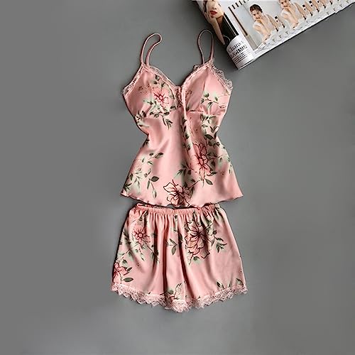 Pajamas Sets For Women 5 Piece Satin Lounge Suit Camis Tops Shorts Trousers Nightdress Bathrobe Sleepwear Set Floral Print Homewear Sets Lightweight Loose Nightwear Sets Sale Clearance Pink S