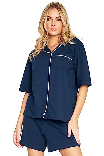 Womens Pyjamas Summer Nightwear 2 Piece 100% Cotton Button Down Short PJs for Women Sets Soft Breathable Lounge Wear Cute Pyjamas Sizes S-XL Short Sleeve Sleepwear (Navy, L)