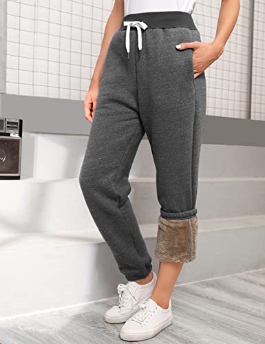 heekpek Women Sherpa Fleece Lined Joggers with Pocket Fleece Sweatpants Winter Warm Thermal Tracksuit Bottoms Jogger Pants with Drawstring, Dark Grey, Size L