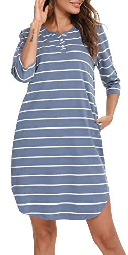 Vlazom Women’s Nightdresses Soft Cotton Nightshirt Stripe 3/4 Sleeve Sleep Dress Sleepwear with Pockets Sky Blue,L