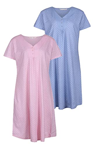 Ladies Nightie 2 Pack Short Sleeve Nightdress UK Sizes 10 to 24 New (Polka Pink & Blue 22/24)