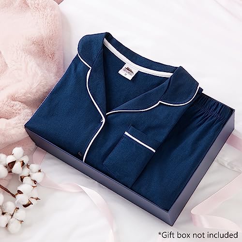 Womens Pyjamas Summer Nightwear 2 Piece 100% Cotton Button Down Short PJs for Women Sets Soft Breathable Lounge Wear Cute Pyjamas Sizes S-XL Short Sleeve Sleepwear (Navy, L)