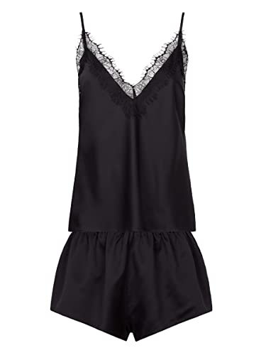 Ann Summers - Cerise Cami Satin Lounge Set for Women, V Neck Lingerie Pyjamas Set, Black Cami and Shorts Set with Eyelash Lace Trim, Nightwear for Women