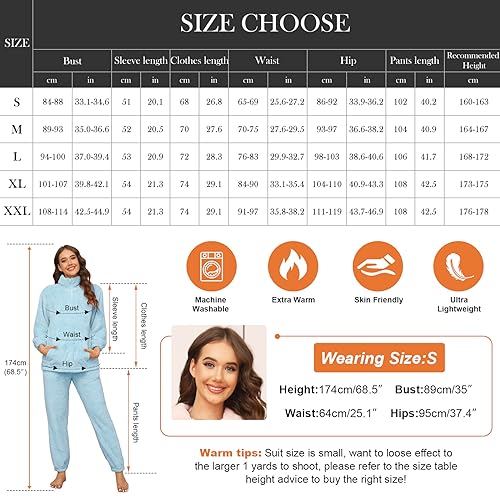 TOMEEK Womens Pyjamas Sets with Pocket Warm Cosy Soft Fleece Pyjamas 2 Piece Nightwear Loungewear Girls Pjs Sets Fluffy Fleece Sleepwear Pyjamas for Ladies,Blue,Size XL