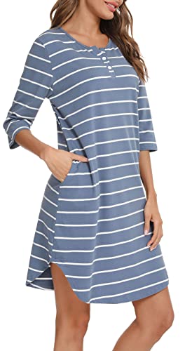 Vlazom Women’s Nightdresses Soft Cotton Nightshirt Stripe 3/4 Sleeve Sleep Dress Sleepwear with Pockets Sky Blue,L