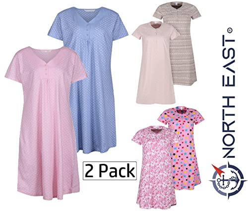 Ladies Nightie 2 Pack Short Sleeve Nightdress UK Sizes 10 to 24 New (Polka Pink & Blue 22/24)
