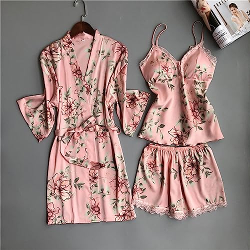 Pajamas Sets For Women 5 Piece Satin Lounge Suit Camis Tops Shorts Trousers Nightdress Bathrobe Sleepwear Set Floral Print Homewear Sets Lightweight Loose Nightwear Sets Sale Clearance Pink S