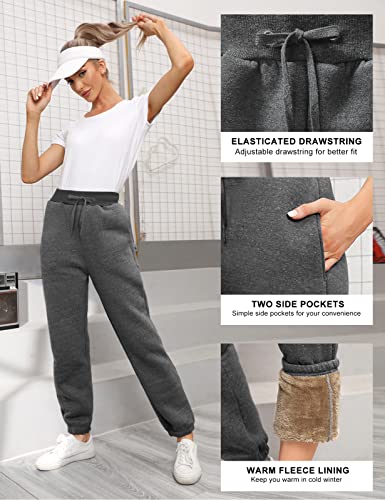 heekpek Women Sherpa Fleece Lined Joggers with Pocket Fleece Sweatpants Winter Warm Thermal Tracksuit Bottoms Jogger Pants with Drawstring, Dark Grey, Size L