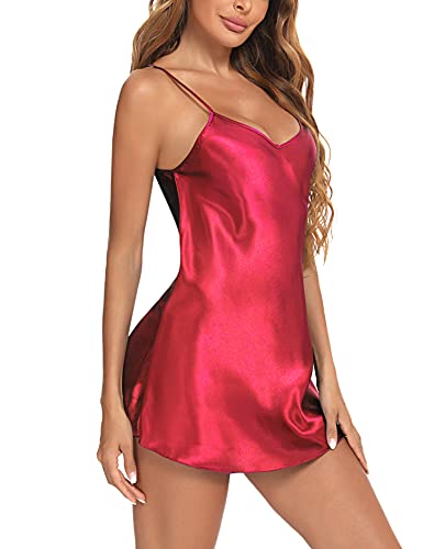 Litherday Women's Satin Negligee Nightdress Babydoll Lingerie Silk Nighty Chemise Nightgown Sleepwear V Neck Nightwear Short Dress(Red,M