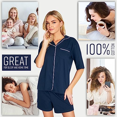 Womens Pyjamas Summer Nightwear 2 Piece 100% Cotton Button Down Short PJs for Women Sets Soft Breathable Lounge Wear Cute Pyjamas Sizes S-XL Short Sleeve Sleepwear (Navy, L)