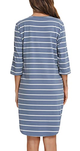 Vlazom Women’s Nightdresses Soft Cotton Nightshirt Stripe 3/4 Sleeve Sleep Dress Sleepwear with Pockets Sky Blue,L