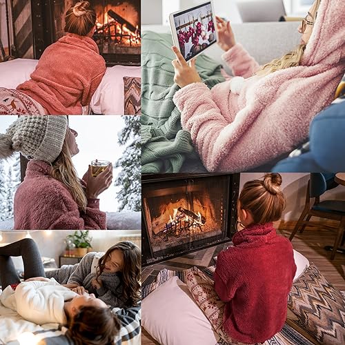 TOMEEK Womens Pyjamas Sets with Pocket Warm Cosy Soft Fleece Pyjamas 2 Piece Nightwear Loungewear Girls Pjs Sets Fluffy Fleece Sleepwear Pyjamas for Ladies,Blue,Size XL