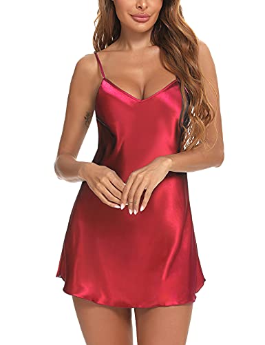 Litherday Women's Satin Negligee Nightdress Babydoll Lingerie Silk Nighty Chemise Nightgown Sleepwear V Neck Nightwear Short Dress(Red,M