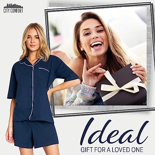 Womens Pyjamas Summer Nightwear 2 Piece 100% Cotton Button Down Short PJs for Women Sets Soft Breathable Lounge Wear Cute Pyjamas Sizes S-XL Short Sleeve Sleepwear (Navy, L)