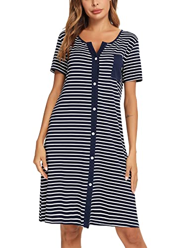 Marvmys Women’s Nightdresses Soft Cotton Nightshirt Stripe Sleep Dress Button-Up V Neck Sleepwear Nightgown Summer Loungwear Navy Blue L