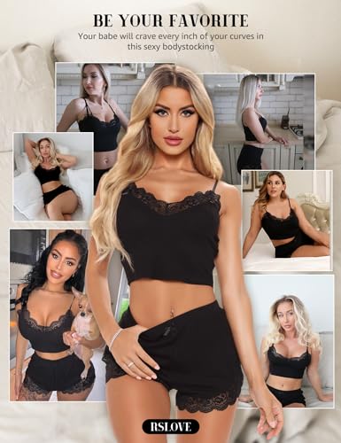RSLOVE Women's Pyjama Sets Sexy Sleepwear Summer Pjs Set for Women Lace Cami Set with Short Pants Nightwear Black