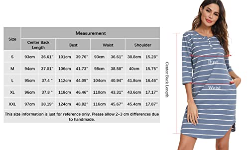 Vlazom Women’s Nightdresses Soft Cotton Nightshirt Stripe 3/4 Sleeve Sleep Dress Sleepwear with Pockets Sky Blue,L