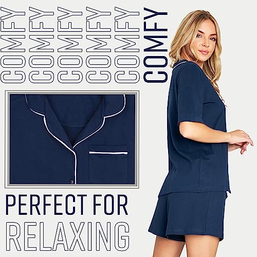 Womens Pyjamas Summer Nightwear 2 Piece 100% Cotton Button Down Short PJs for Women Sets Soft Breathable Lounge Wear Cute Pyjamas Sizes S-XL Short Sleeve Sleepwear (Navy, L)