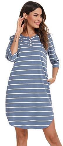 Vlazom Women’s Nightdresses Soft Cotton Nightshirt Stripe 3/4 Sleeve Sleep Dress Sleepwear with Pockets Sky Blue,L