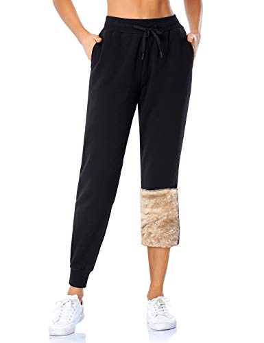 MOVE BEYOND Women's Fleece Lined Joggers Thermal Sweatpants with 2 Pockets Warm Winter Sherpa Trousers with Drawstring, Black, M