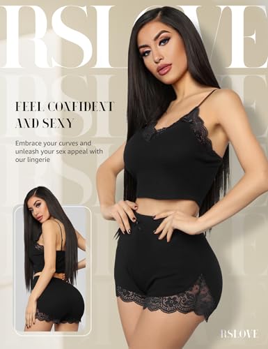 RSLOVE Women's Pyjama Sets Sexy Sleepwear Summer Pjs Set for Women Lace Cami Set with Short Pants Nightwear Black