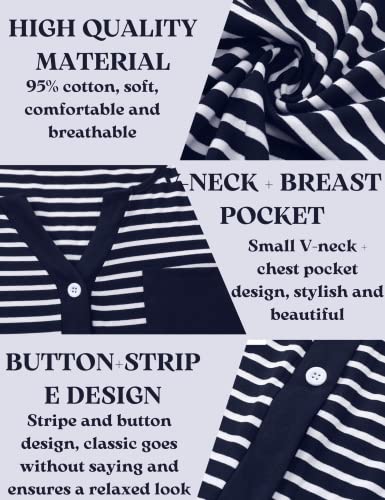 Marvmys Women’s Nightdresses Soft Cotton Nightshirt Stripe Sleep Dress Button-Up V Neck Sleepwear Nightgown Summer Loungwear Navy Blue L
