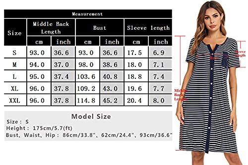 Marvmys Women’s Nightdresses Soft Cotton Nightshirt Stripe Sleep Dress Button-Up V Neck Sleepwear Nightgown Summer Loungwear Navy Blue L