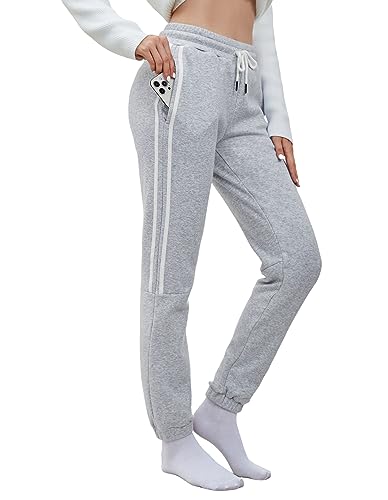 SPECIALMAGIC Women's Fleece Lined Joggers Sherpa Fleece Joggers Pants Winter Thermal Warm Trousers Thick Furry Fleece Lined Sweatpants Drawstring Jogging Bottoms (Stripes-Light Grey, L)