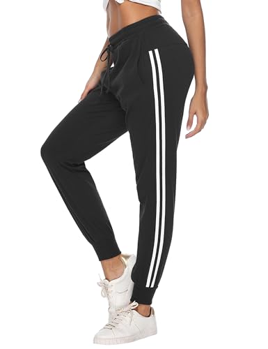 Jezonga Trousers for Women Joggers Pants Casual Running Sport Sweatpants Cotton Workout Gym Lounge Stripes Tracksuit Bottoms with Pockets（Black，XXL）