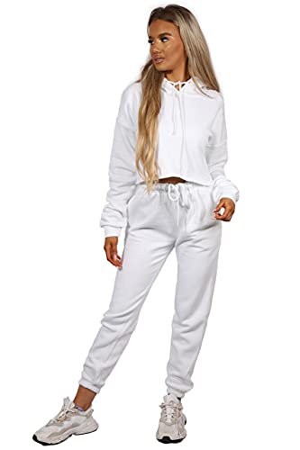mymixtrendz Womens Crop Hooded set Oversized 2 Piece Loungewear Tracksuit Joggers Ladies Top Set Size 8-22 (White, numeric_16)