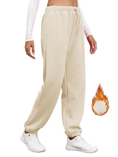 Famulily Women's Brushed Winter Athletic Joggers Pants, Oversized Sweatpants Gym Sports Trousers with Drawstring (XXL, Beige)