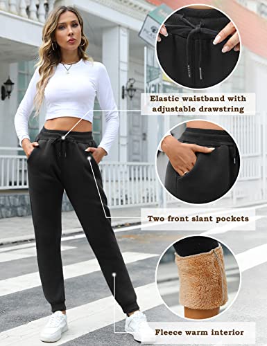 Yuson Girl Joggers for Women Fleece Lined Jogger Pants Sherpa Fleece Lined Warm Sweatpants Winter Thermal Athletic Lounge Trousers with Drawstring and Pockets for Running Workout Yoga Black