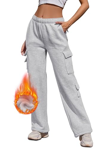 Breampot Women Fleece Cargo Sweatpants Joggers Winter Thermal Pants Elastic Waist Casual Trousers Tracksuit Bottoms(Light Grey,Medium)