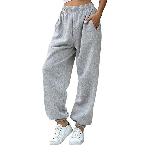 Nuofengkudu Women's Plain Baggy Fleece Tracksuit Bottoms Warm Harem Joggers Pants with Pockets Elastic Waist Thermals Tapered Leg Sweatpants Running Workout Casual Lounge Wear(F-Grey,M)