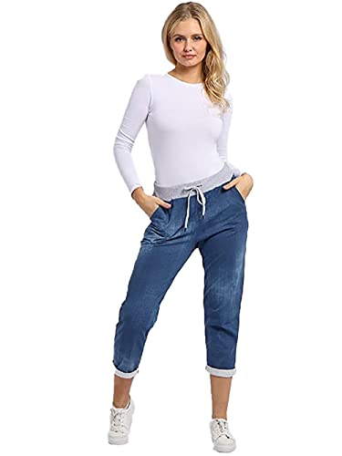 H&F ® Women’s Ladies Denim Jogger Floral, Star Printed Sweatpants Ribbed Waistband Trousers Ladies Causal Summer Jogger Drawstring Italian Gym Running Pants-Size 8-10 12-14(12-14)