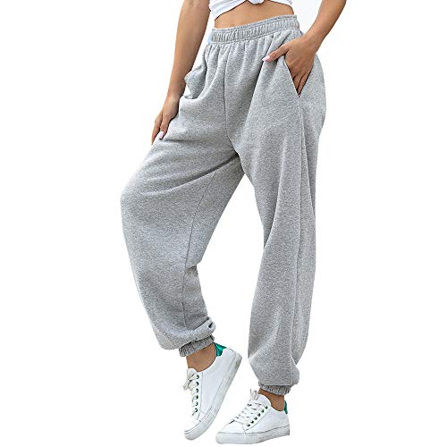 Nuofengkudu Women's Plain Baggy Fleece Tracksuit Bottoms Warm Harem Joggers Pants with Pockets Elastic Waist Thermals Tapered Leg Sweatpants Running Workout Casual Lounge Wear(F-Grey,M)