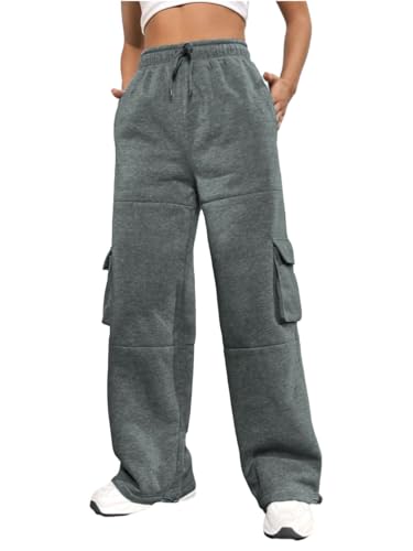Nuofengkudu Womens Tracksuit Bottoms Drawstring Sweatpants Baggy Fleece Pockets Wide Straight Leg Joggers Trouser Thermal Ladies Warm Casual Lounge Jogging Pants Dark Grey 2XL