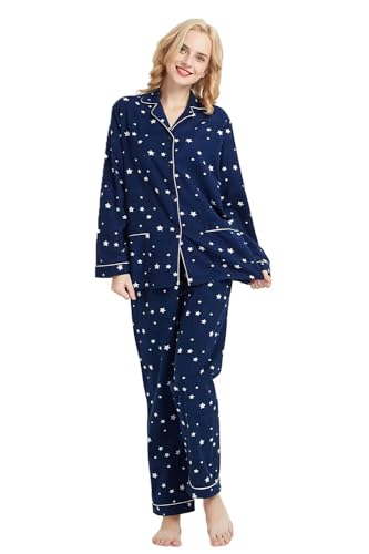 GLOBAL Women's Pyjama Sets 100% Cotton Flannel Ladies PJs Button Front Top Drawstring Bottoms Navy Blue,Star M