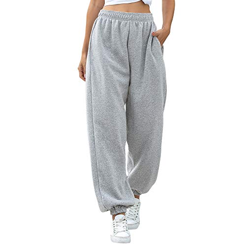 Nuofengkudu Women's Plain Baggy Fleece Tracksuit Bottoms Warm Harem Joggers Pants with Pockets Elastic Waist Thermals Tapered Leg Sweatpants Running Workout Casual Lounge Wear(F-Grey,M)