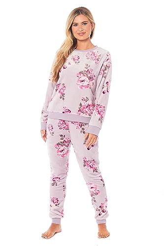 Daisy Dreamer Womens Printed Floral Fleece Pyjama Set Long Sleeve Top and Bottoms Soft Sleepwear Nightwear Loungewear Warm Thermal Pjs for Ladies, Lilac Small