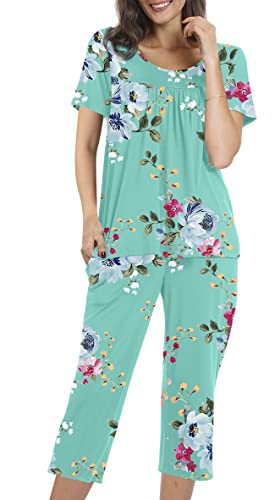 POPYOUNG Women's Summer Two Piece Pajama Sets, Pleated Short Sleeves Tunic Tops with comfy Capri Pants, Lounge Sleepwear Ladies Pjs Sets with Pockets 2XL,Mint Green
