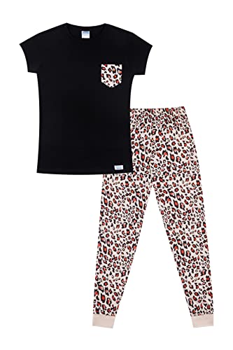 Ladies and Girls Matching Black Animal Print Long Pyjama Set (8-10)