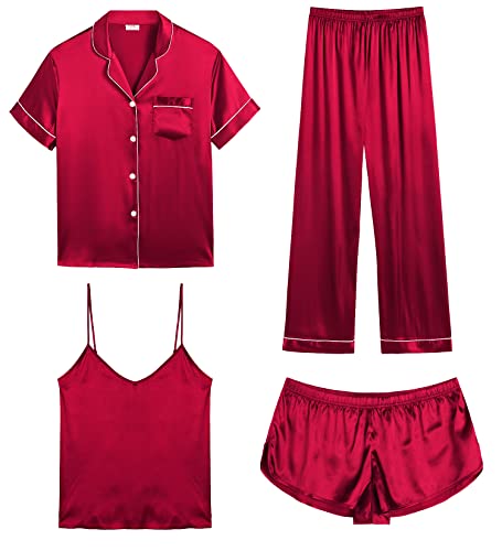 SWOMOG Womens 4pcs Pyjama Set Sexy Cami Shorts Set and Short Sleeve Pjs Button Down Silk Satin Pyjamas Sleepwear Red