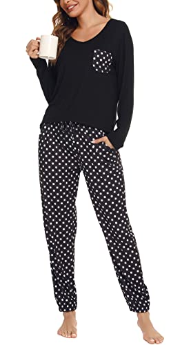 Lovasy Pyjamas for Women Soft Ladies Pyjamas Long Sleeve Pjs for Women Sets 2 Pieces Womens Pyjamas Sets Printed Pajamas with Pockets,black,L